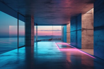 serene ocean view from a long hallway. Generative AI