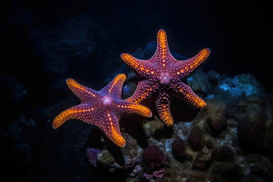 The sea starfish glittered like stars in the dark depths of the underwater world. Generative AI