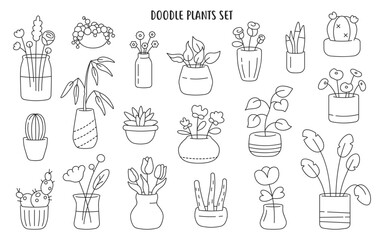 Black and white houseplants and potted flowers for home decor icons set.