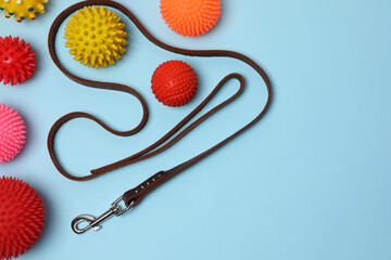 Flat lay composition with dog leash and toys on light blue background, space for text