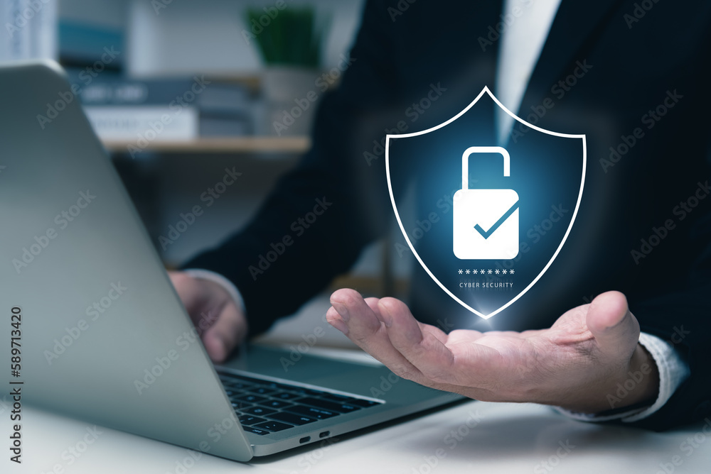 Poster cyber security concept, businessman showing security icons connecting to application ecosystem, prot