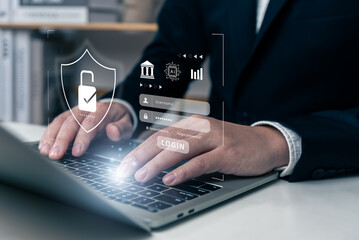 Cyber security and log in access concept, businessman using laptop connecting to financial ecosystem, application, protection from hacker, crime, identification and authentication, checkmark, AI tech.