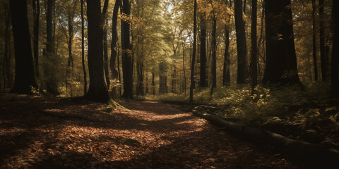 Obraz premium Sunbeams in the dark forest. Deep forest tree. Morning in colorful forest with sunbeams through tree branches. Beautiful forest with various trees. Generative AI