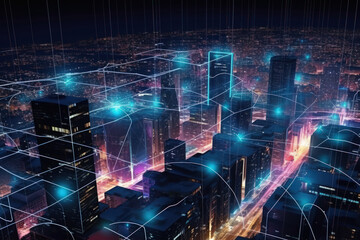 web network illuminated digital night city, cityscape web3 blockchain technology Internet connection generative ai