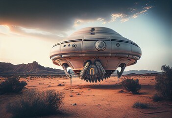 Fototapeta na wymiar UFO - a landing alien spaceship. Generative AI