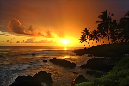 Stunning Sea Sunset Landscape: A Picture-Perfect Moment with palms © dStudio