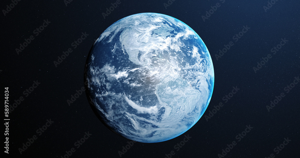 Poster planet earth with clouds and atmosphere, our world against a dark background viewed from outer space