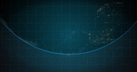 Blue grid over part of globe with illuminated network points