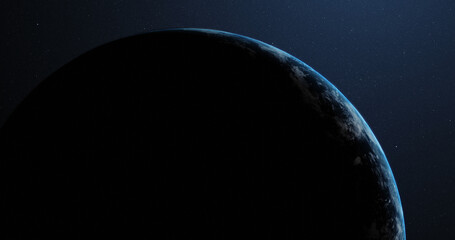Part of planet earth in darkness at night, viewed from outer space, with copy space