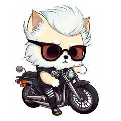 Cute little white puppy dog as biker, with motorcycle, cartoon chibi style, AI generative illustration