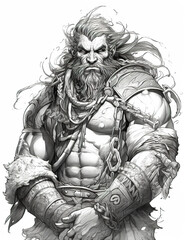 Fantasy character with Asian influences, male warrioor king, black white illustration, outline for coloring book page, AI generative coloring card