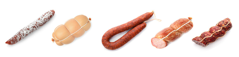 Collage with different delicious sausages on white background, top view