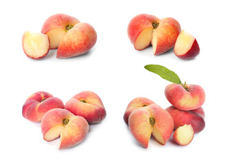 Collage with whole and cut flat peaches on white background