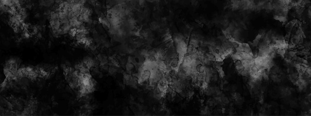 Abstract watercolor black grunge background. Dark backdrop. Abstract black ink vector art background for cover design, card, flyer, poster and design interior. Hand drawn illustration. Fluid art.