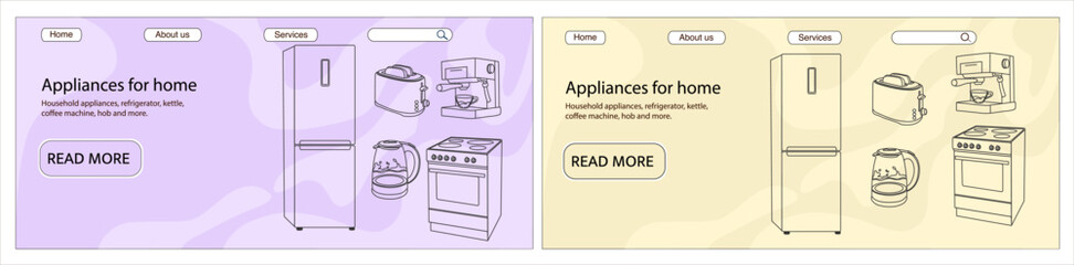 Household appliances, refrigerator, electric kettle, toaster, electric stove. Website banner.