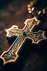 Close-up of a silver cross on a wooden table, shallow depth of field.Generative Ai
