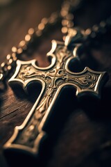 Close-up of a silver cross on a wooden table, shallow depth of field.Generative Ai