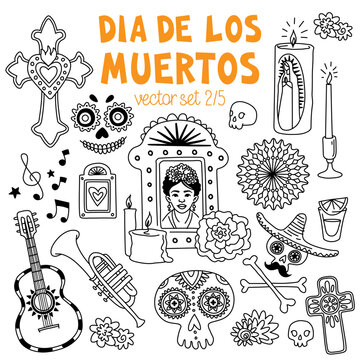 Day of the dead doodles set. Dia de los muertos. Traditional Mexican symbols - skulls, altars, crosses, decorated graves, marigold flower, candles. Isolated vector drawings. Stroke weight is editable