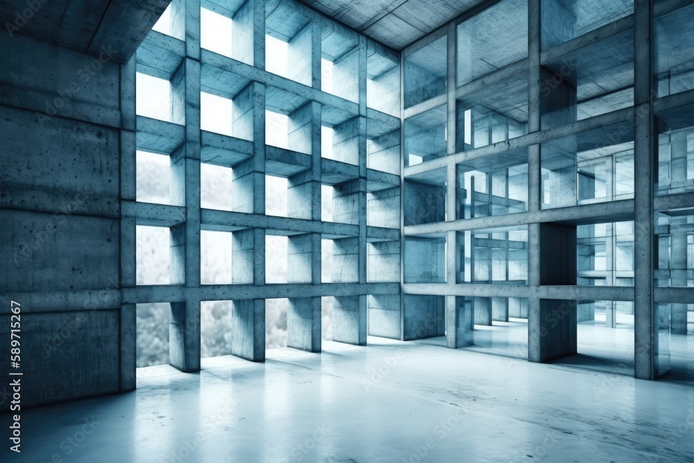 Poster an empty room with large windows overlooking a scenic view. generative ai