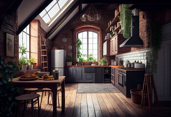 Fototapeta na wymiar Kitchen in the Loft (panoramic). Generative AI