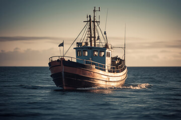 Naklejka premium fishing ship at sea water, ocean expedition generative ai