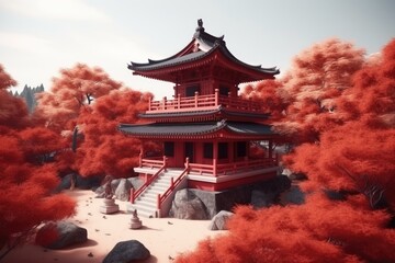 traditional red pagoda in a serene natural landscape. Generative AI