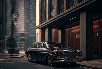 Obraz na płótnie Canvas vintage car in modern city on street next to skyscraper, generative ai