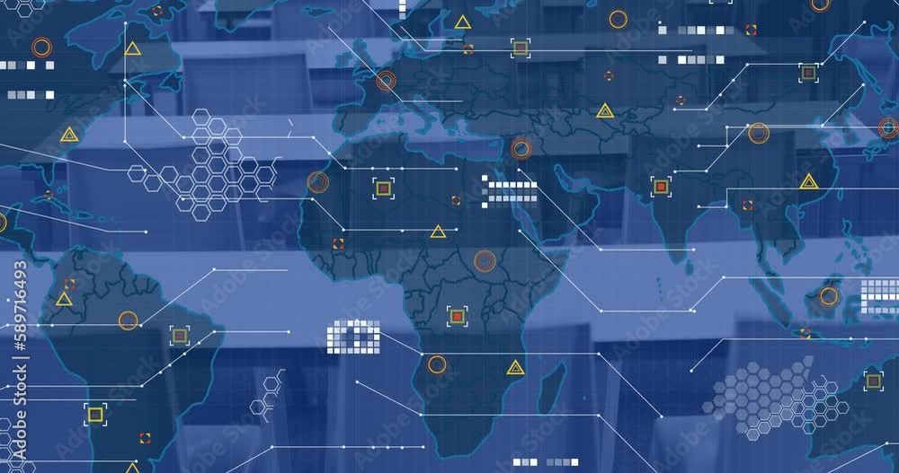 Poster animation of data processing with world map over empty desks in office