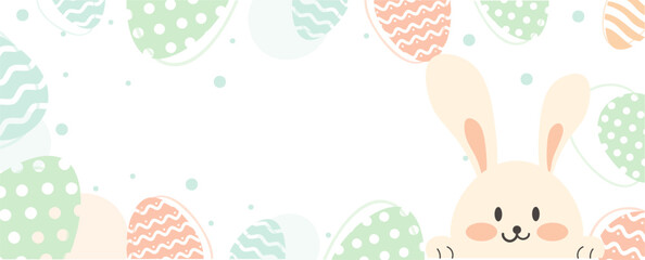 Happy Easter Sale banner, greeting cards, posters, holiday covers. Trendy design with typography, eggs and bunny, in pastel colors. Modern art minimalist style.