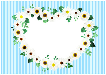 白い花のハート型リースのあるストライプ背景ヨコ