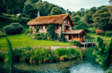 Fototapeta na wymiar Beautiful house on the bank of the mountain lake in the mountains. Generative AI.
