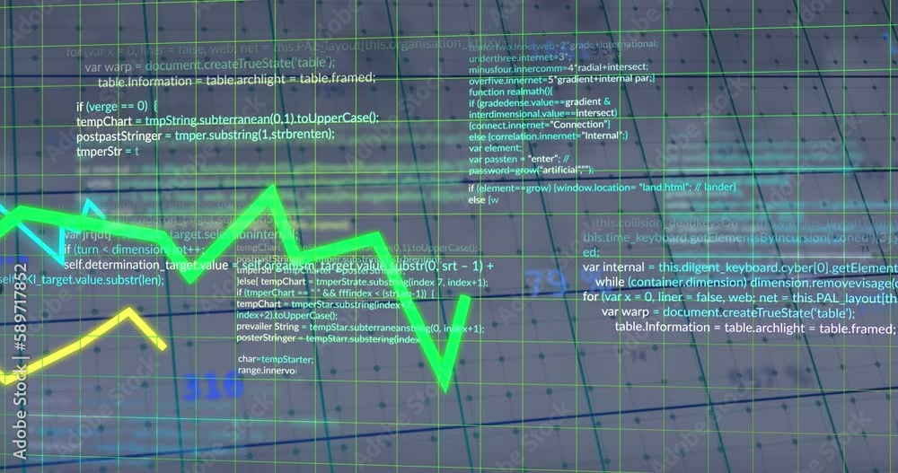 Poster animation of graphs over computer language against changing numbers and dots on white background