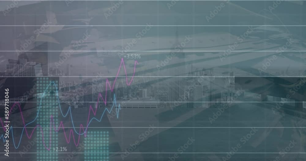 Poster animation of statistical data processing over aerial view of cityscape against junkyard