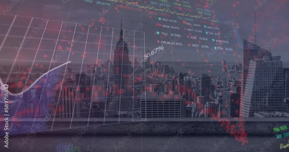 Poster animation of red particles and stock market data processing against aerial view of cityscape