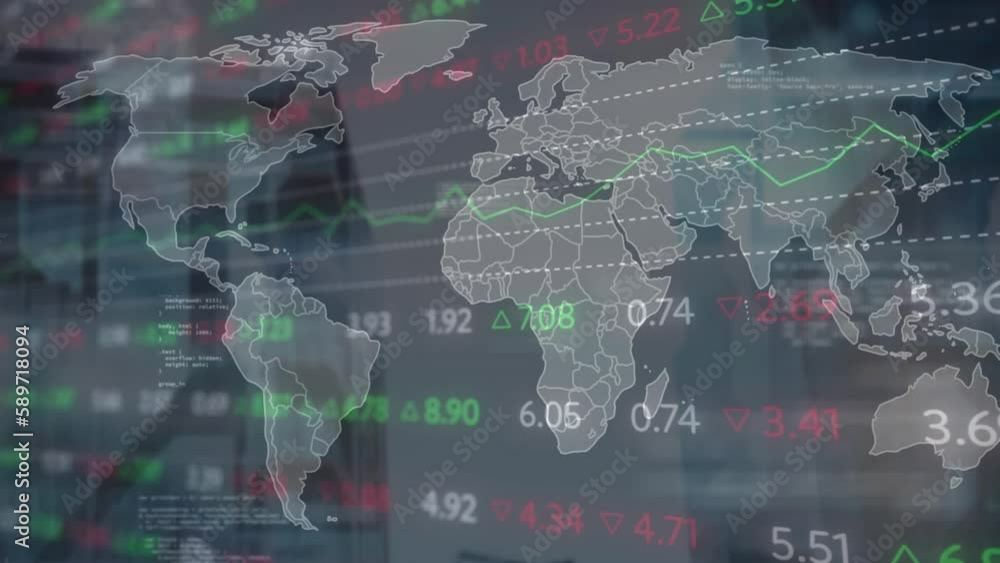 Aufkleber animation of trading board over map against low angle view of modern buildings in background