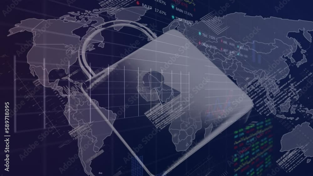 Poster animation of padlock over graphs and trading boards over computer language against map in background