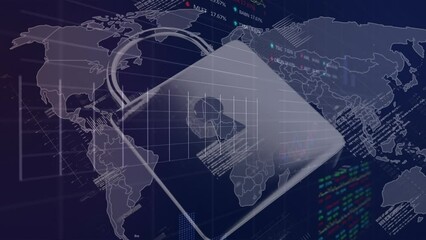 Animation of padlock over graphs and trading boards over computer language against map in background - Powered by Adobe