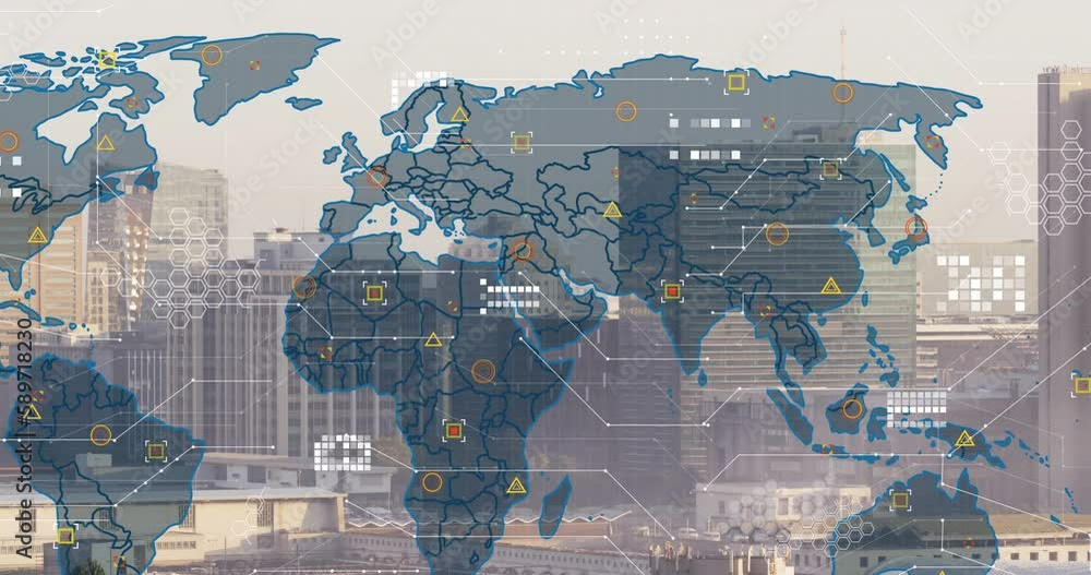 Poster animation of world map and data processing against aerial view of cityscape