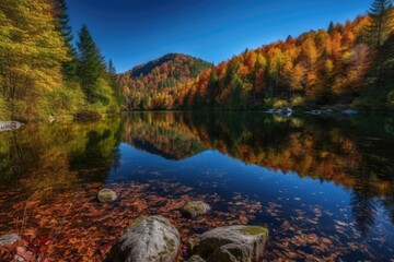 Fototapeta na wymiar serene mountain landscape with the reflection on a tranquil lake. Generative AI