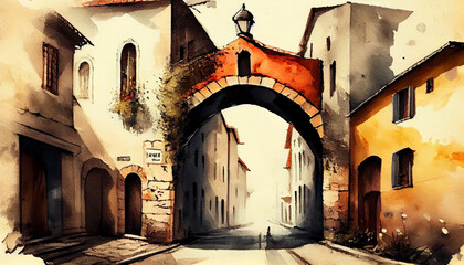 Vintage aquarelle painting of old city