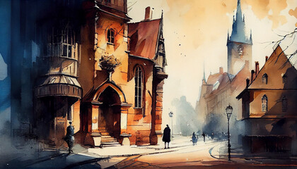 Vintage aquarelle painting of old city