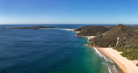 Panoramic view from Tomaree Head Summit, Port Stephens, NSW, Australia including Zenith Beach, Wreck Beach & Box Beach, Fingal Spit & Fingal Island