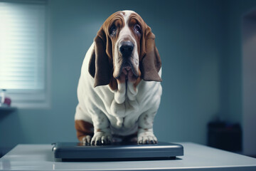 Ai generated image of an obese basset hound on a scale