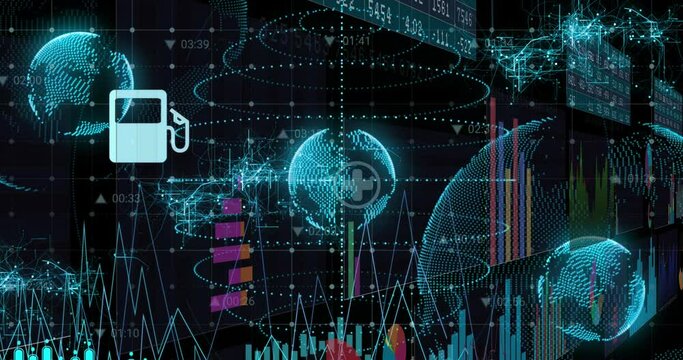 Animation of multiple graphs and icons over globes against black background
