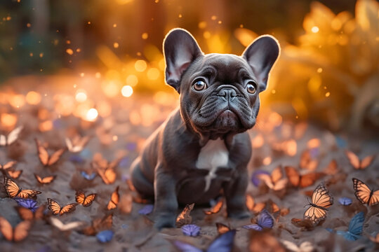 Generative AI image of a french bulldog puppy surrounded by butterflies