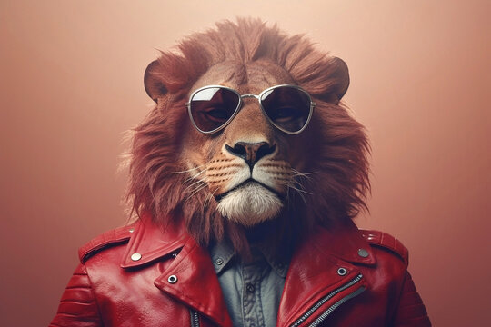 Ai generated image of a male lion in a red leather jacket