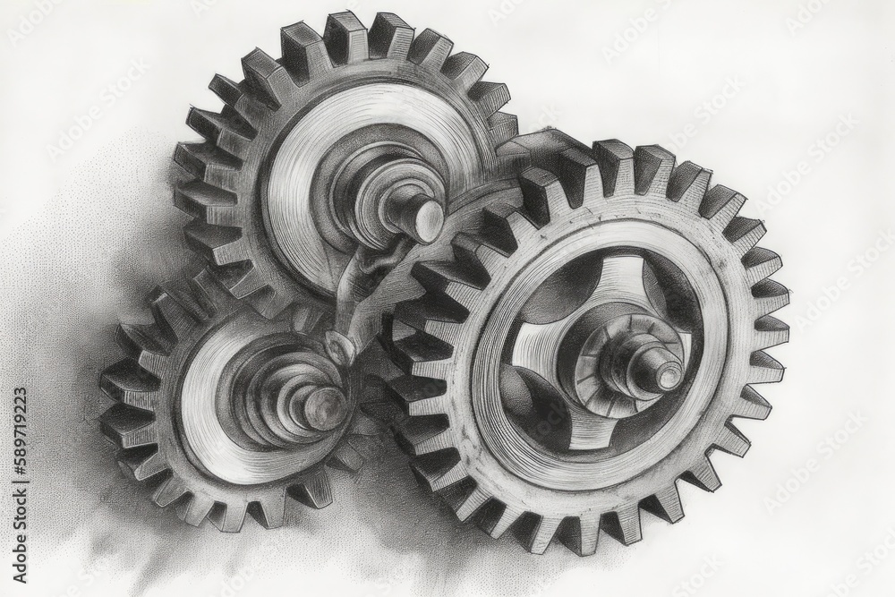 Poster two interlocking gears on a white background. generative ai