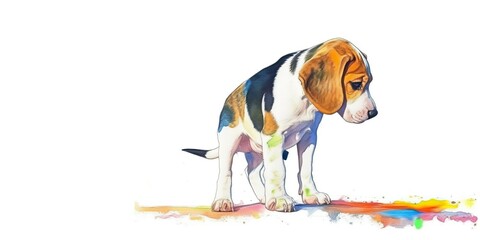 watercolor borders of a colorful beagle puppy - Generative AI Art - obrazy, fototapety, plakaty
