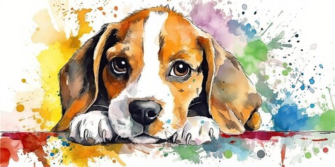 watercolor borders of a colorful beagle puppy - Generative AI Art