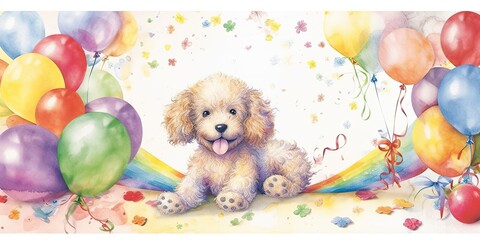 watercolor borders of a colorful poodle puppy - Generative AI Art